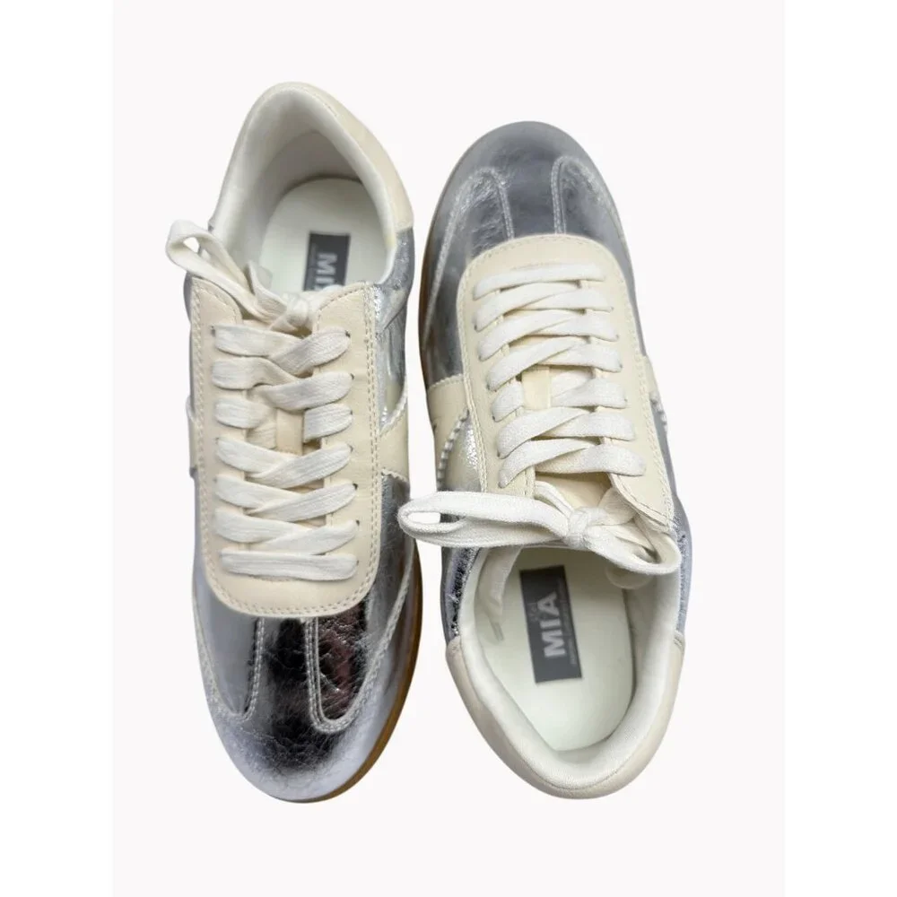 MIA girl Womens 6.5 Silver Metallic Lace Up Sneakers Cream Accents New